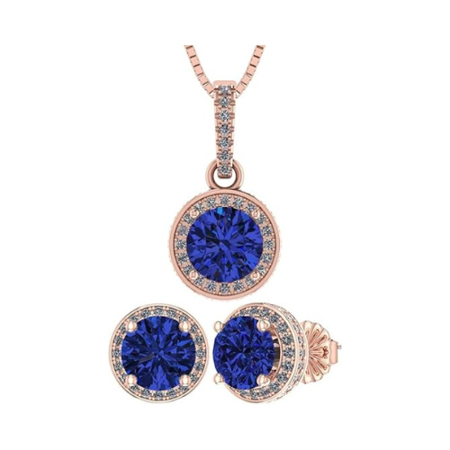 Central Diamond Center Round Halo Earring & Necklace Set w/ 6.5mm Simulated Birthstones in 925 Sterling Silver, Hypoallergenic