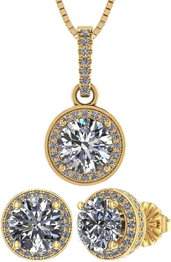 Central Diamond Center Round Halo Earring & Necklace Set w/ 6.5mm Simulated Birthstones in 925 Sterling Silver, Hypoallergenic