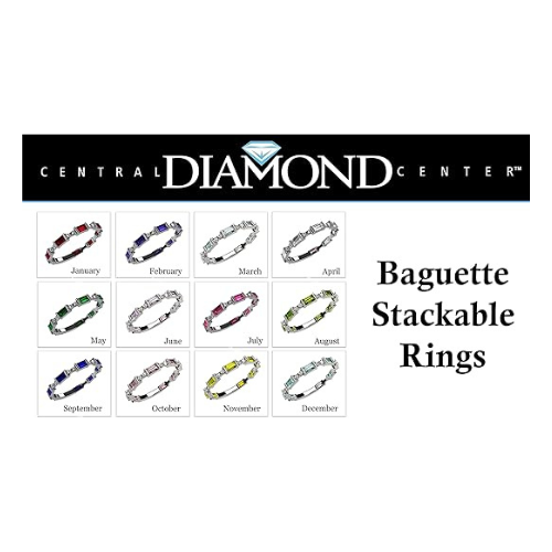 Central Diamond Center Baguette Stackable Birthstone Ring Band w/ Simulated Birthstones, Sterling Silver
