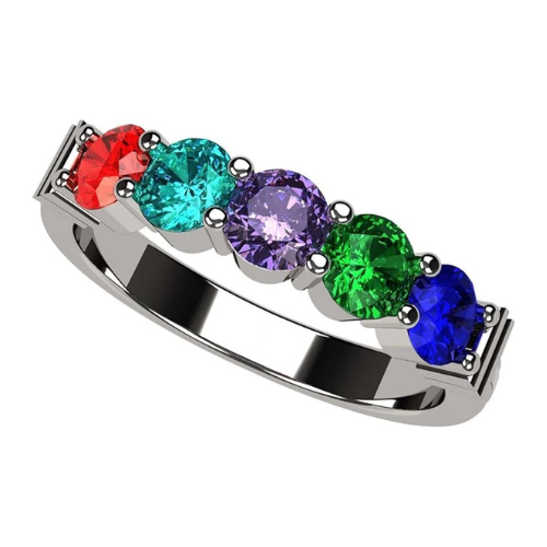 Central Diamond Center Shared Prong Mothers Birthstone Family Ring w/ 1 to 6 Simulated Gemstones in Sterling Silver, 10K or 14K Gold