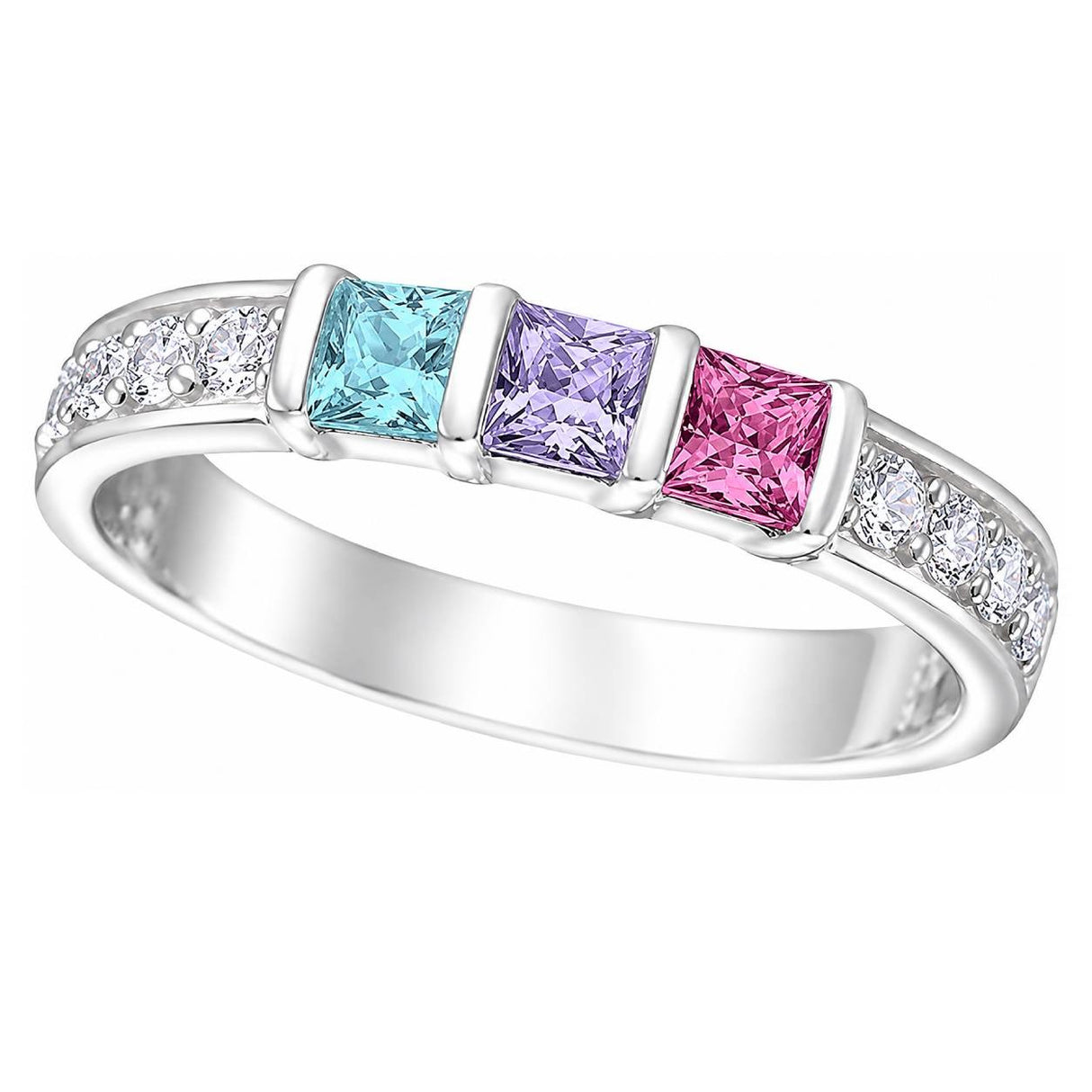 Central Diamond Center Princess w/Sides Mothers Rings with 1 to 6 Simulated Birthstones, Sterling Silver, 10K or 14K Gold