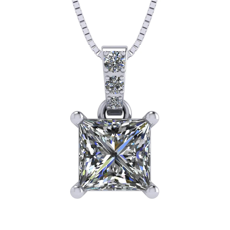 Princess Cut Solitaire Necklace, 4 Prong Sterling Silver w/Pure Brilliance Zirconia, 6.0mm, 7.0mm & 8.0mm