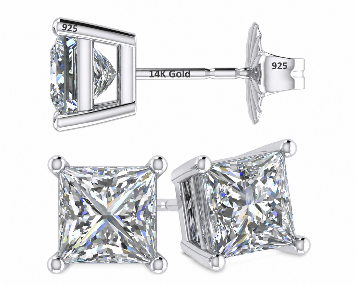14K Gold Posts & Sterling Silver Princess Cut CZ Stud Earrings w/Pure Brilliance Zirconia, 1.50-4.00ctw