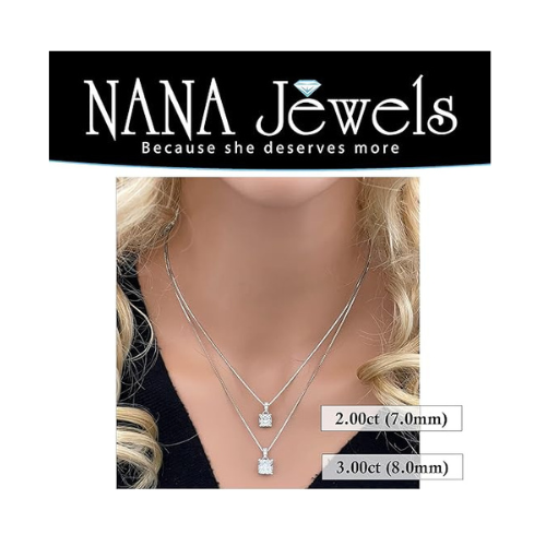 NANA Jewels Cushion Cut CZ Simulated Diamond Solitaire Necklace Sterling Silver 7-8mm Cubic Zirconia, 2.00ct & 3.00ct