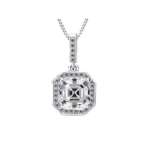 "Asscher cut halo necklace with simulated diamond solitaire.