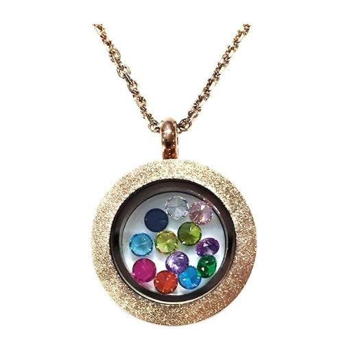 Central Diamond Center Stainless Steel Mother's Round Locket Pendant (Jan-Dec) Yellow/White/Rose Plated with a Chain