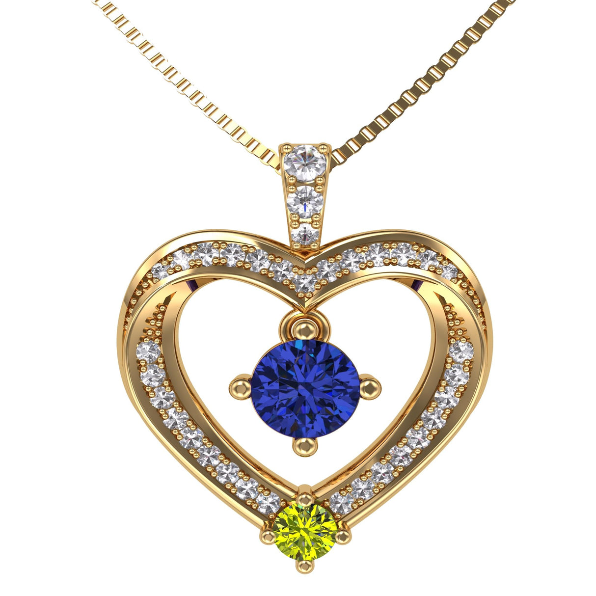 Central Diamond Center Mother & Child Heart Birthstone Necklace w/ 1-6 Simulated Gemstones in Sterling Silver, 10K, or 14K Gold