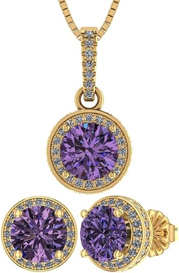 Central Diamond Center Round Halo Earring & Necklace Set w/ 6.5mm Simulated Birthstones in 925 Sterling Silver, Hypoallergenic