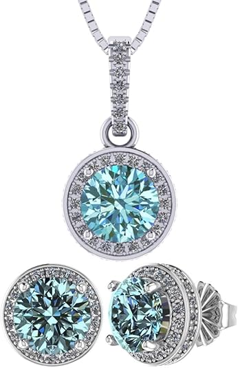 Central Diamond Center Round Halo Earring & Necklace Set w/ 6.5mm Simulated Birthstones in 925 Sterling Silver, Hypoallergenic