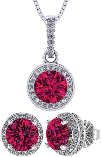 Central Diamond Center Round Halo Earring & Necklace Set w/ 6.5mm Simulated Birthstones in 925 Sterling Silver, Hypoallergenic