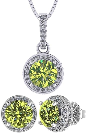 Central Diamond Center Round Halo Earring & Necklace Set w/ 6.5mm Simulated Birthstones in 925 Sterling Silver, Hypoallergenic