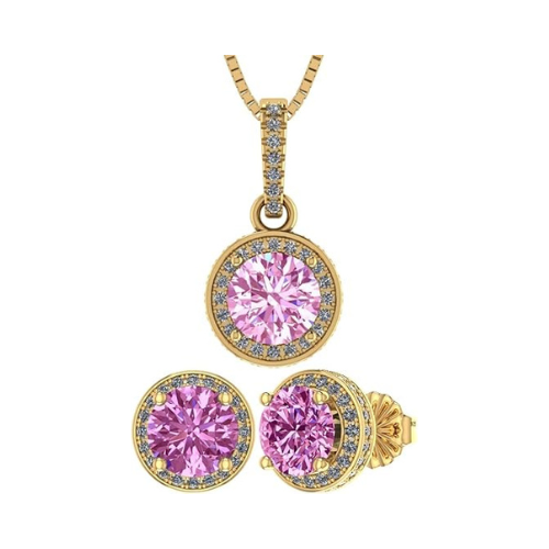 Central Diamond Center Round Halo Earring & Necklace Set w/ 6.5mm Simulated Birthstones in 925 Sterling Silver, Hypoallergenic