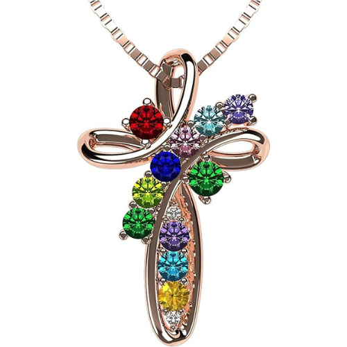 Close-up of Mothers Birthstone Cross Pendant.