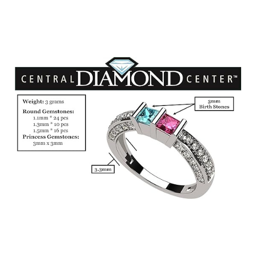 Central Diamond Center Princess Mothers Birthstone Ring w/Accent CZs on 3 Sides w/1-6 Simulated Gemstones in Silver, 10K or 14K Gold