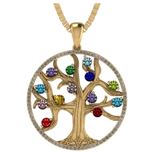 Mothers Tree of Life Birthstone Necklace w/ 1-13 Simulated Gemstones & CZ Bezel in Silver, 10K, 14K Gold