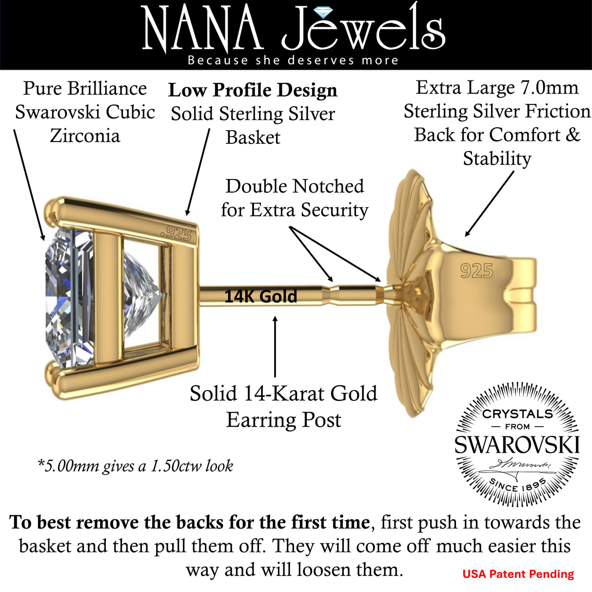 14K Gold Posts & Sterling Silver Princess Cut CZ Stud Earrings w/Pure Brilliance Zirconia, 1.50-4.00ctw