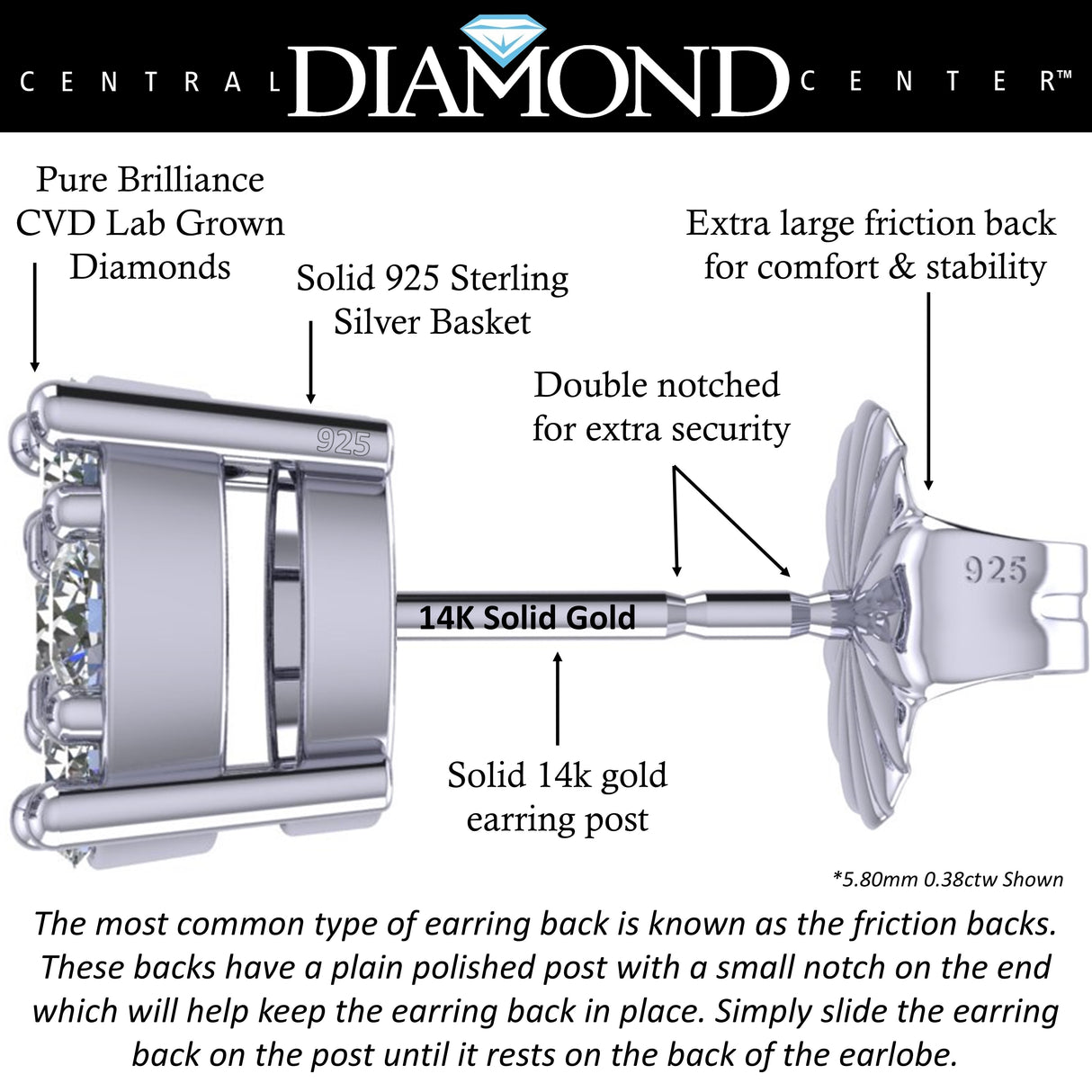 Diamond Stud Earrings CVD Lab Grown Diamonds solid 14K post & Silver basket, 7 or 9 Stone Cluster