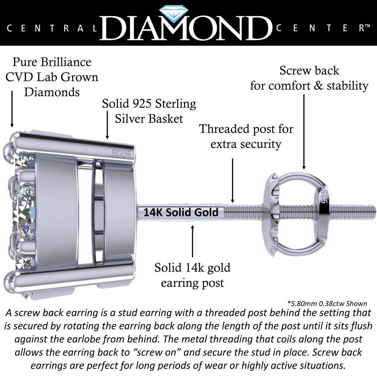 Diamond Stud Earrings CVD Lab Grown Diamonds solid 14K post & Silver basket, 7 or 9 Stone Cluster