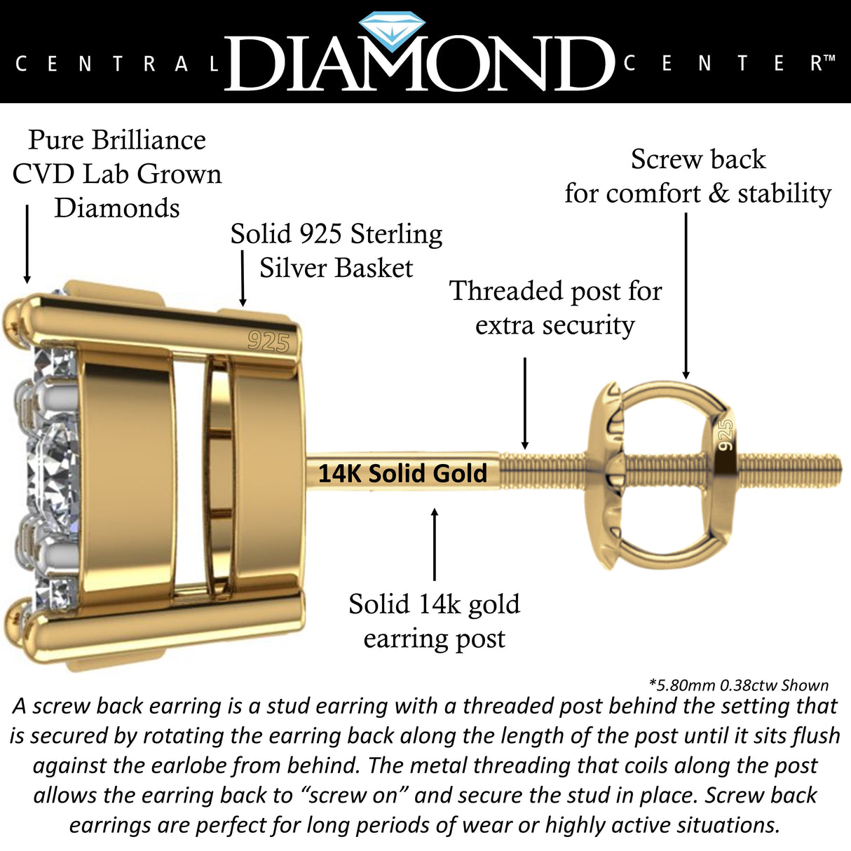 Diamond Stud Earrings CVD Lab Grown Diamonds solid 14K post & Silver basket, 7 or 9 Stone Cluster