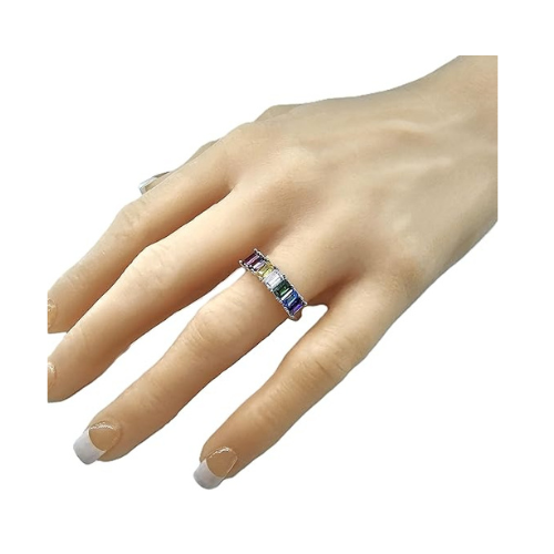 Central Diamond Center Emerald Cut Mothers Rings w/ 1 to 7 Simulated Birthstones in Sterling Silver, 10K or 14K Gold