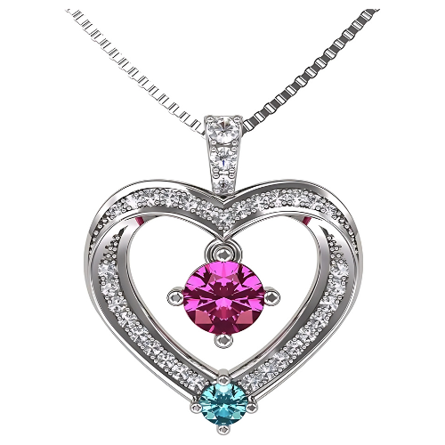 Sterling silver heart necklace with two simulated gems.