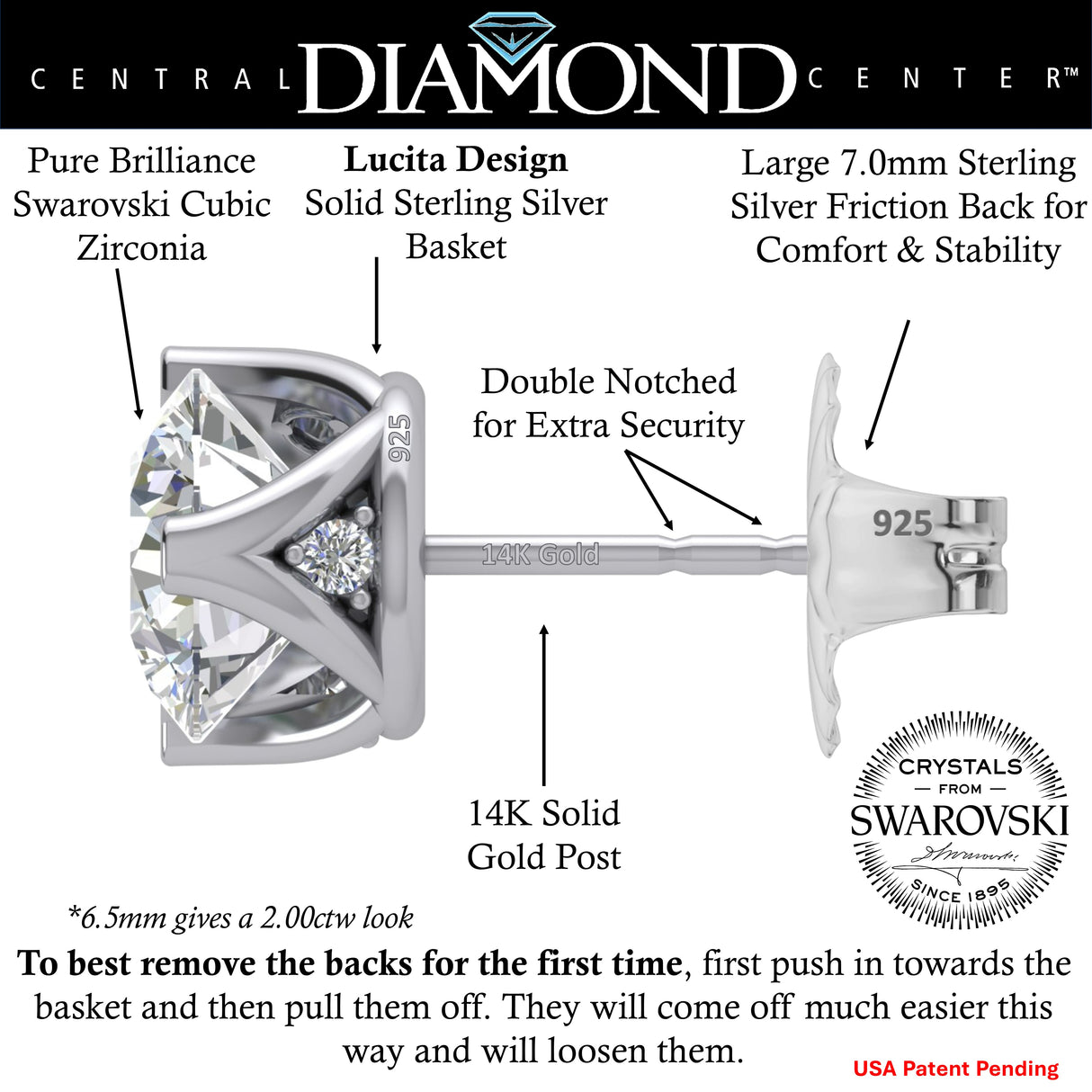 Lucita Simulated Diamond Stud Earrings with Solid 14K Gold Posts & Sterling Silver Basket, 3 & 4 Prongs