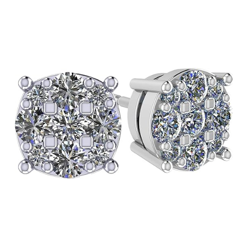 Diamond Stud Earrings CVD Lab Grown Diamonds solid 14K post & Silver basket, 7 or 9 Stone Cluster