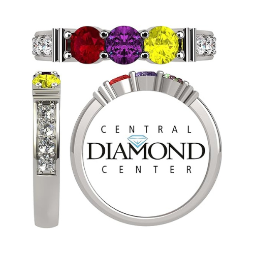 Central Diamond Center Shared Prong w/ Sides Mothers Birthstone Ring w/ 1-6 Simulated Gemstones in Sterling Silver, 10K, or 14K Gold