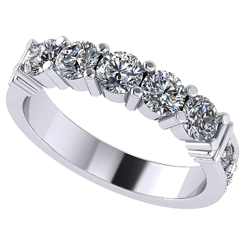 "Simulated diamond anniversary ring with shared prong setting.