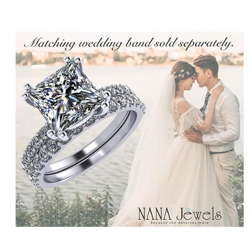 NANA Jewels 1.5-3CT Platinum Plated Sterling Silver Rings CZ Cubic Zirconia Princess Cut Engagement Rings | 10K 14K Solid Gold