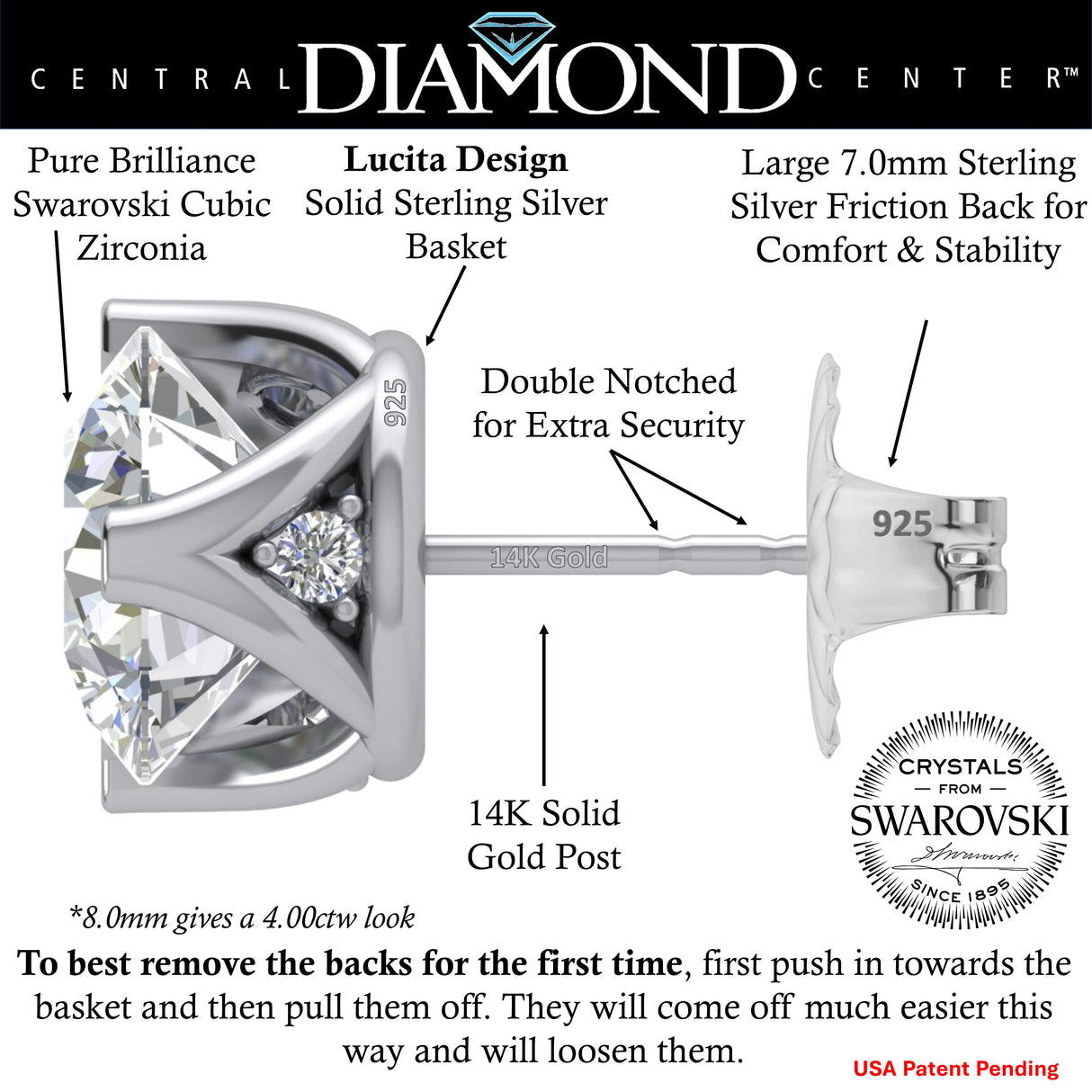 Lucita Simulated Diamond Stud Earrings with Solid 14K Gold Posts & Sterling Silver Basket, 3 & 4 Prongs