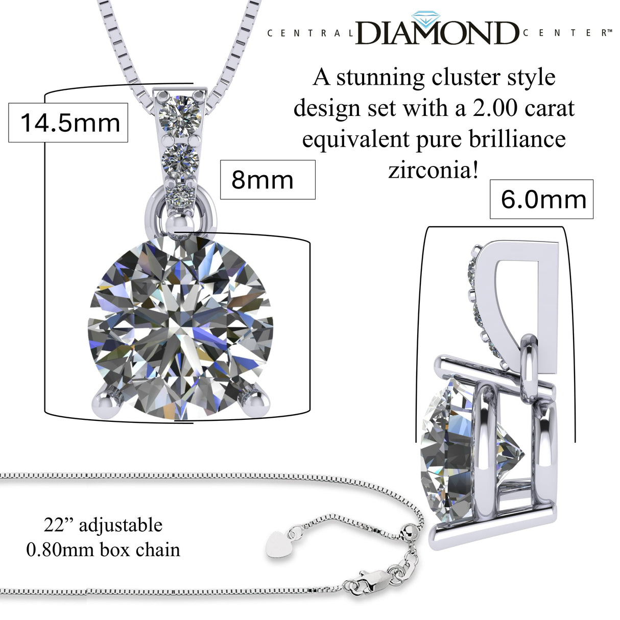 3 Prong Round Solitaire Simulated Diamond Necklace in Solid Sterling Silver with Pure Brilliance Zirconia