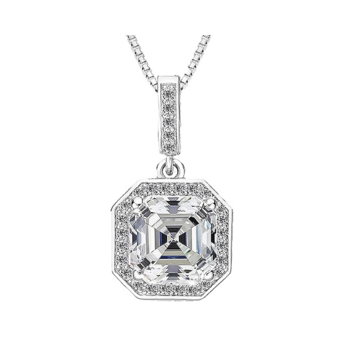 NANA Asscher Cut Halo CZ Simulated Diamond Solitaire Necklace Sterling Silver 7mm Zirconia Center Gemstone