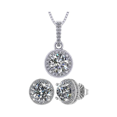 Central Diamond Center Round Halo Earring & Necklace Set w/ 6.5mm Simulated Birthstones in 925 Sterling Silver, Hypoallergenic