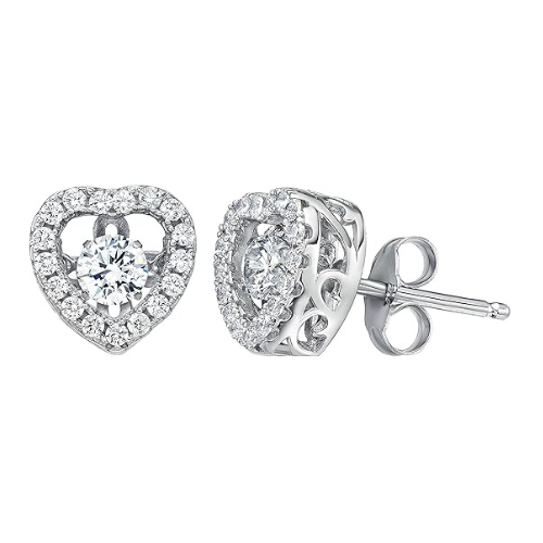 Central Diamond Center Heart Dancing Gemstone Earrings in Sterling Silver made w/ Pure Brilliance Zirconia
