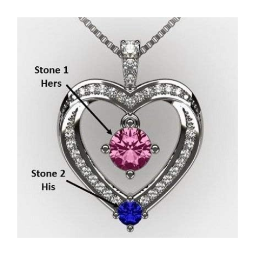 Central Diamond Center Couples 2 Stone Heart Pendant w/ Simulated Birthstones, Includes 0.8mm 22" Adj. Box Chain
