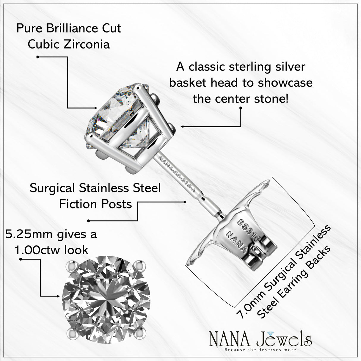 Simulated Diamond Stud Earrings Round Sterling Silver Hypoallergenic 0.30-8.00cttw