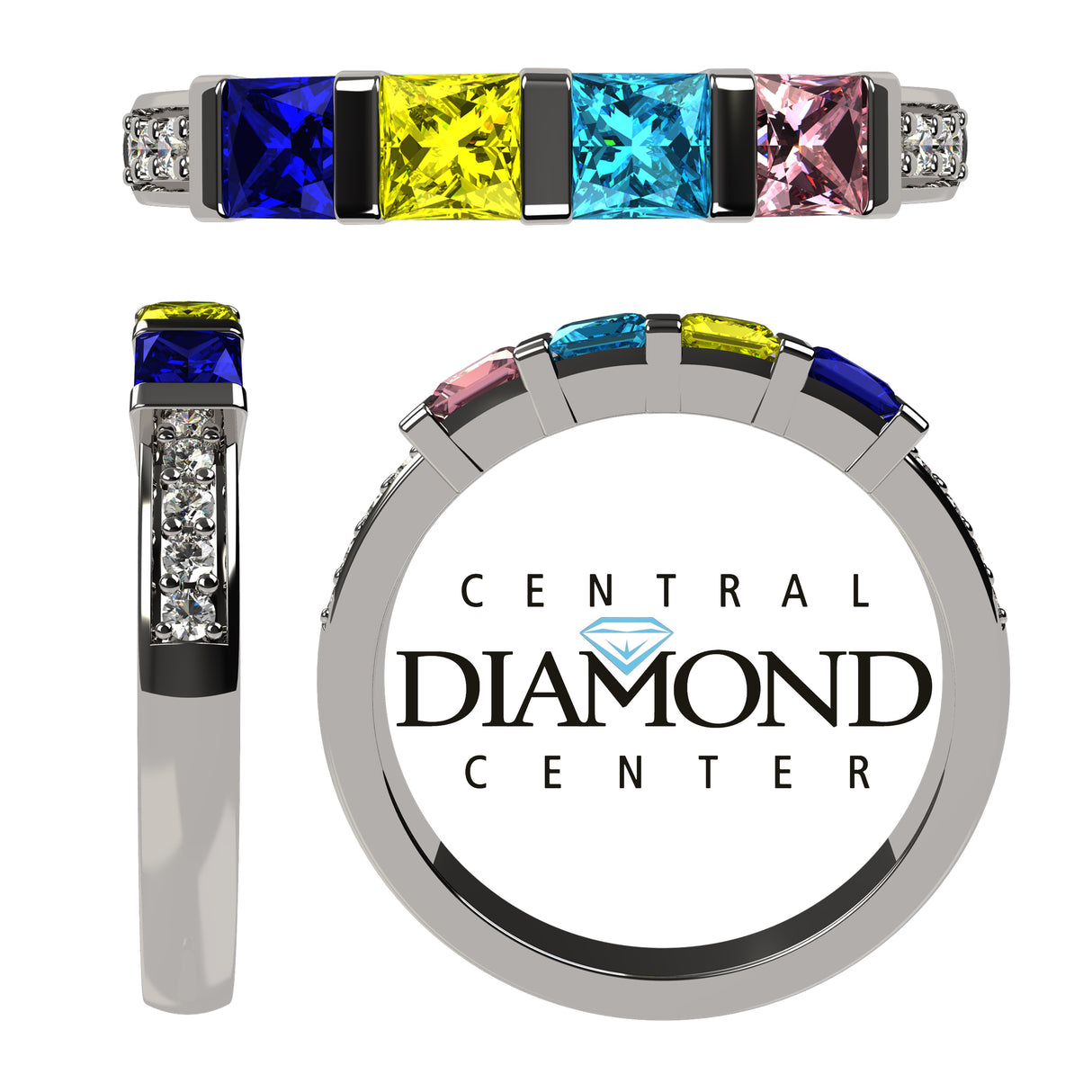 Central Diamond Center Princess w/Sides Mothers Rings with 1 to 6 Simulated Birthstones, Sterling Silver, 10K or 14K Gold
