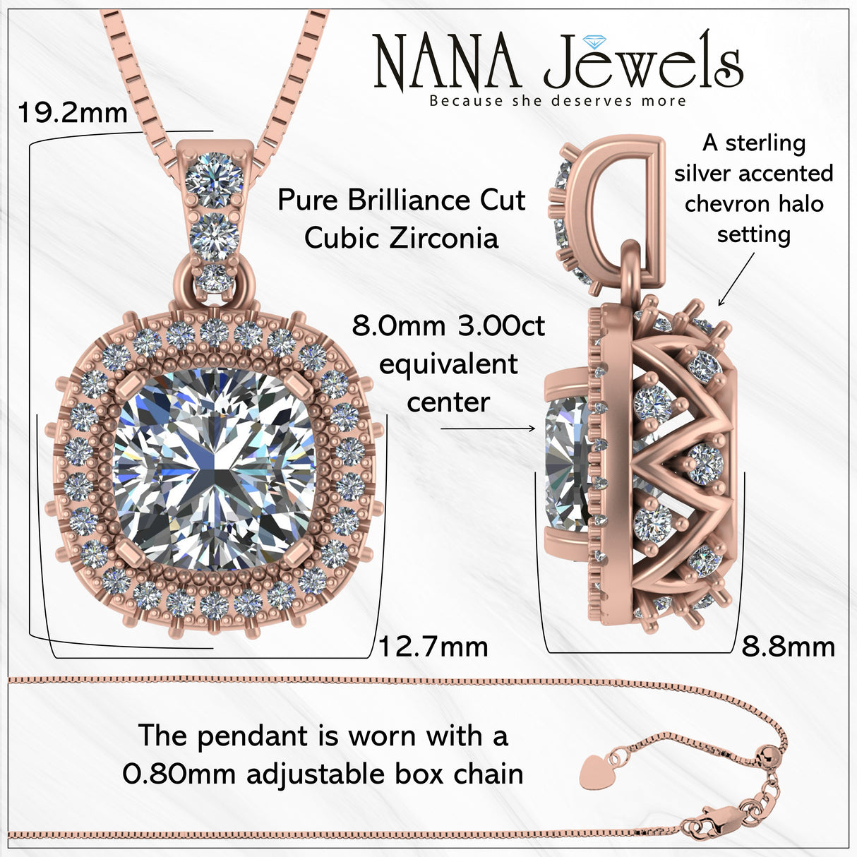 NANA Jewels Cushion Cut Halo CZ Simulated Diamond Solitaire Necklace Sterling Silver 8mm Zirconia Center Gemstone