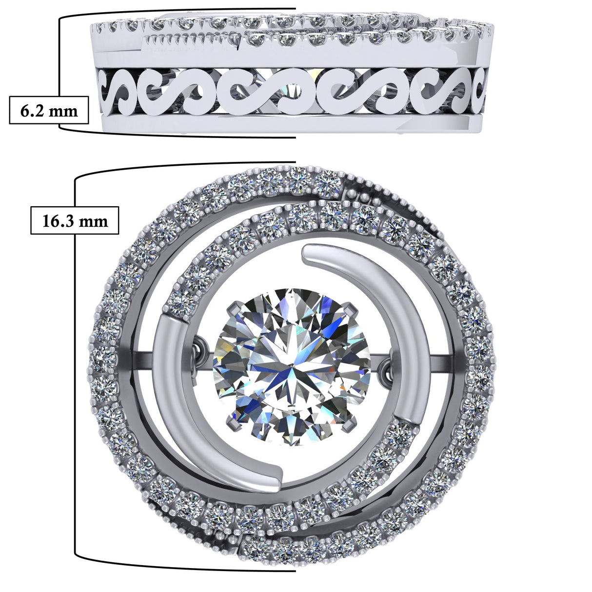 Central Diamond Center Circle Swirl Dancing Gemstone Dangle Earrings or Necklace in Sterling Silver w/Pure Brilliance Zirconia