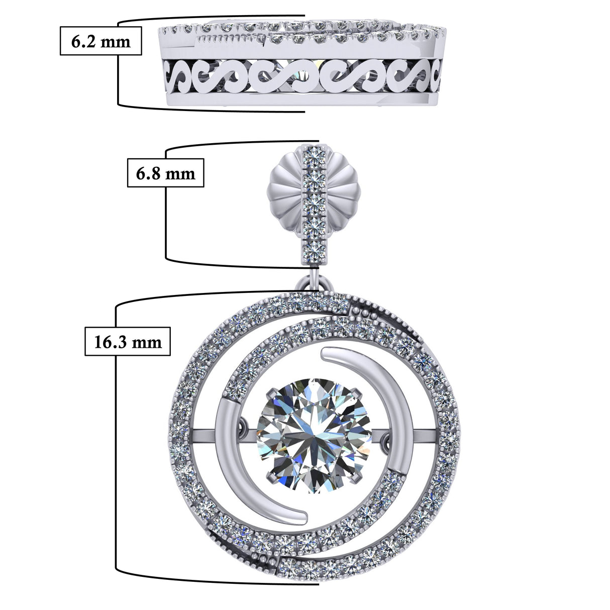 Central Diamond Center Circle Swirl Dancing Gemstone Dangle Earrings or Necklace in Sterling Silver w/Pure Brilliance Zirconia