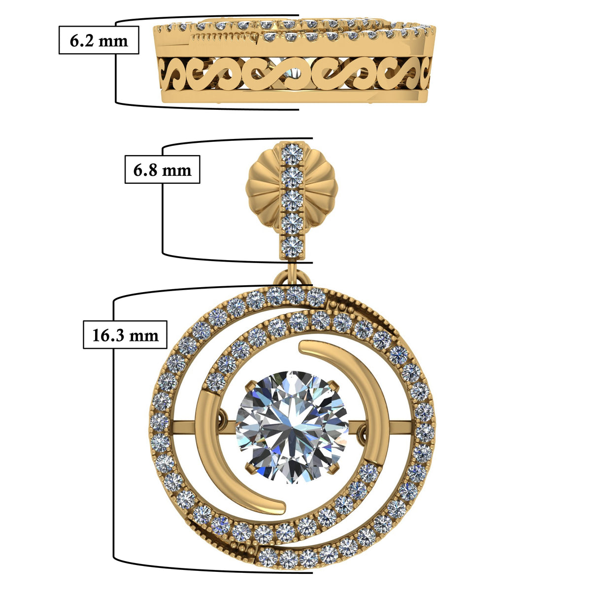 Central Diamond Center Circle Swirl Dancing Gemstone Dangle Earrings or Necklace in Sterling Silver w/Pure Brilliance Zirconia