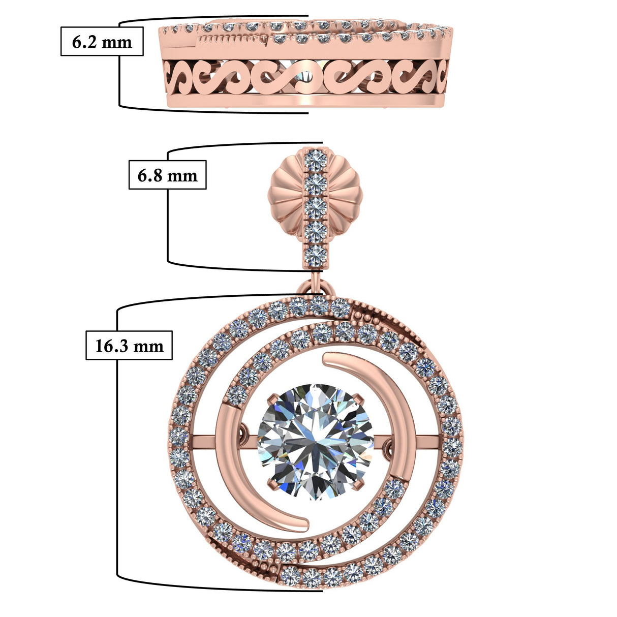 Central Diamond Center Circle Swirl Dancing Gemstone Dangle Earrings or Necklace in Sterling Silver w/Pure Brilliance Zirconia