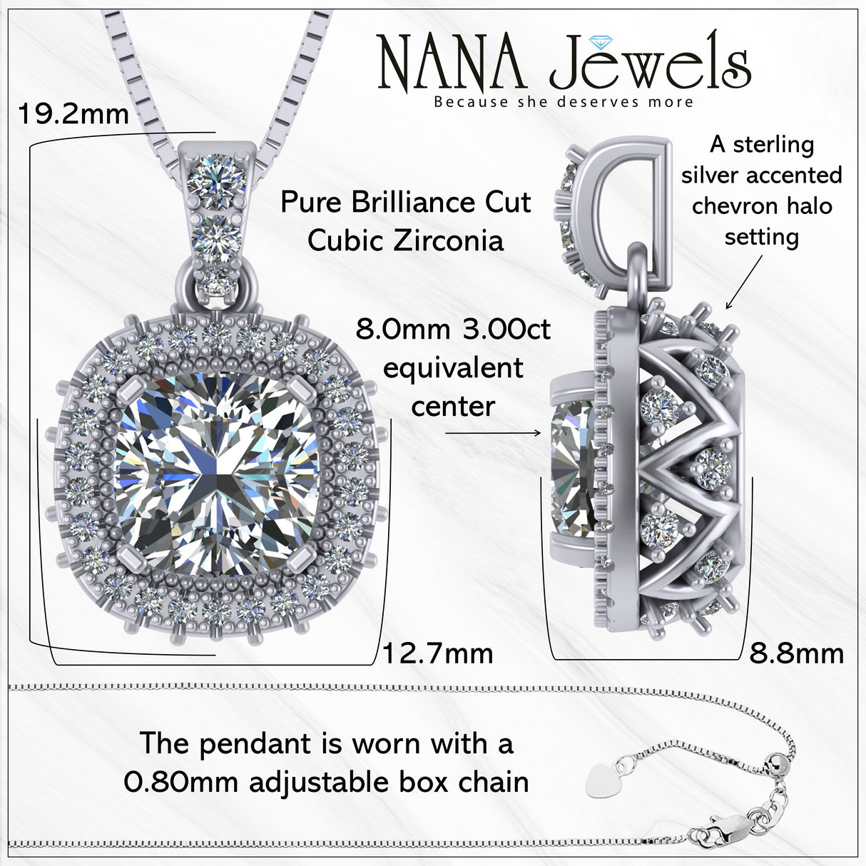 NANA Jewels Cushion Cut Halo CZ Simulated Diamond Solitaire Necklace Sterling Silver 8mm Zirconia Center Gemstone