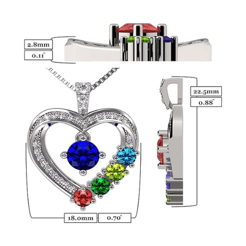 Central Diamond Center Mother & Child Heart Birthstone Necklace w/ 1-6 Simulated Gemstones in Sterling Silver, 10K, or 14K Gold