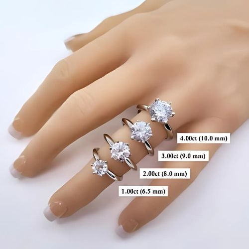 Close-up of a 3-carat Matrix simulated diamond solitaire ring in silver.