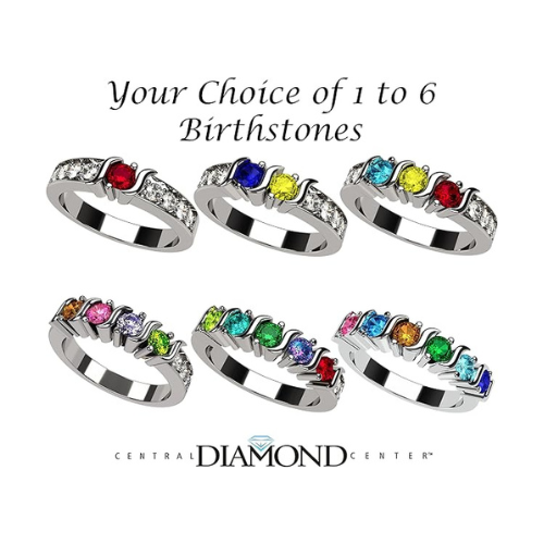 Central Diamond Center S-Bar with Sides Mothers Birthstone Ring in Sterling Silver, 10K or 14K Gold w/ 1-6 Simulated Gemstones
