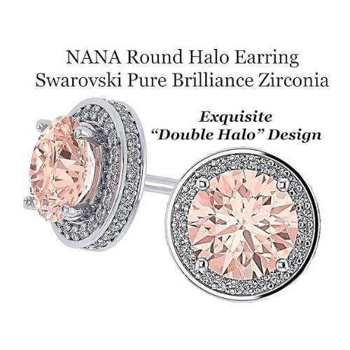 Simulated Morganite Pure Brilliance Zirconia Round Halo Stud Earrings in Solid Sterling Silver, Hypoallergenic