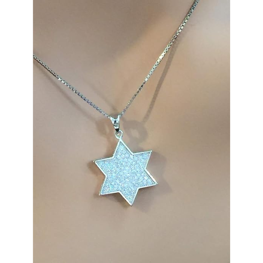 Central Diamond Center Star of David Pendant Sterling Silver and Pure Brilliance CZ w/Box Chain