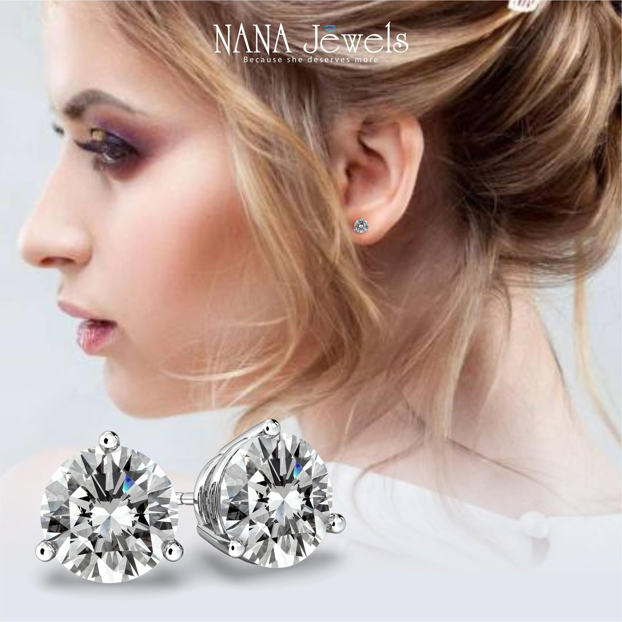 NANA Jewels Round Martini style Simulated Diamond Stud Earrings Silver & CZ 1.50ct-4.00ct Hypoallergenic
